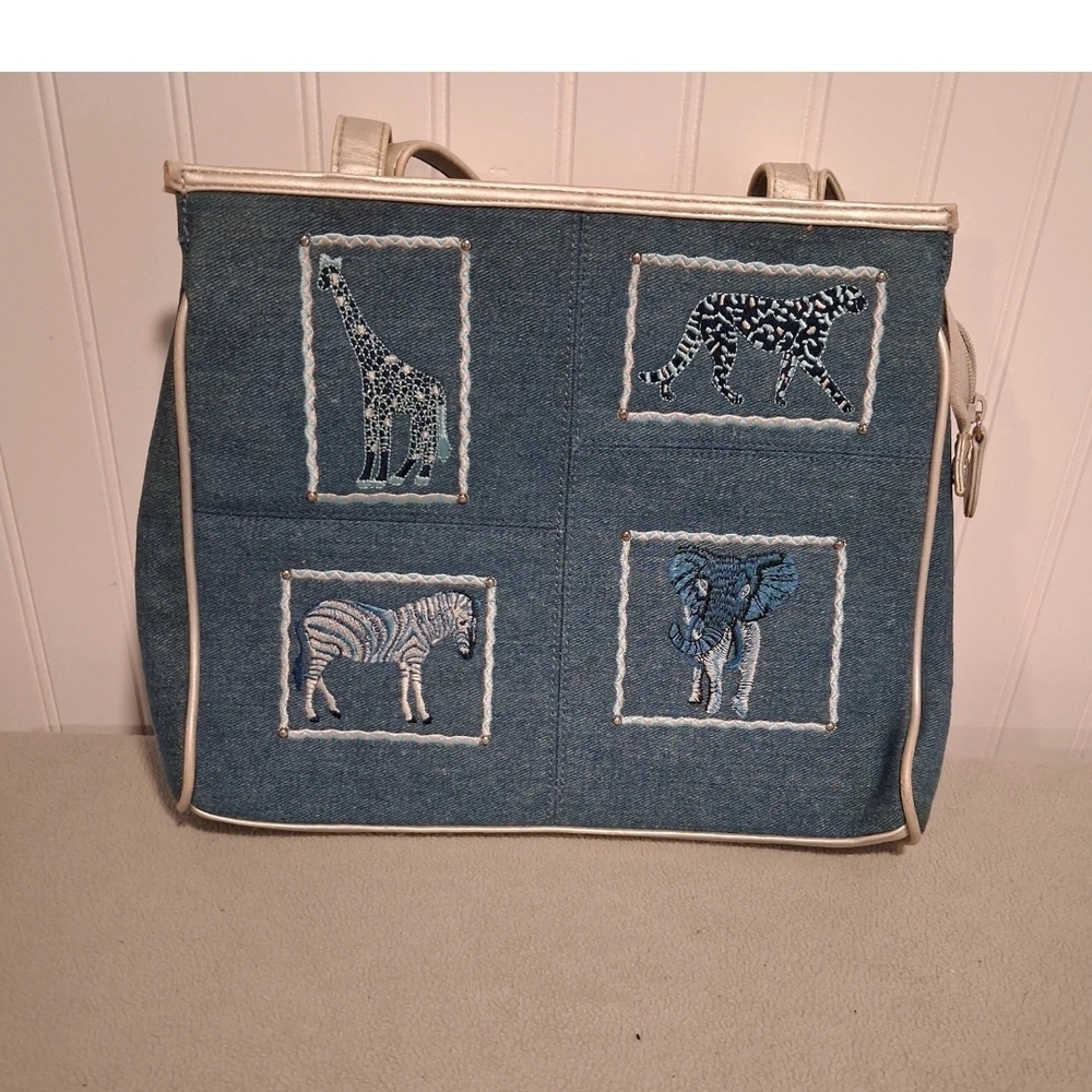 Marlo Denim Safari Animal Tote Bag Giraffe Zebra Elephant Leopard Embroidered